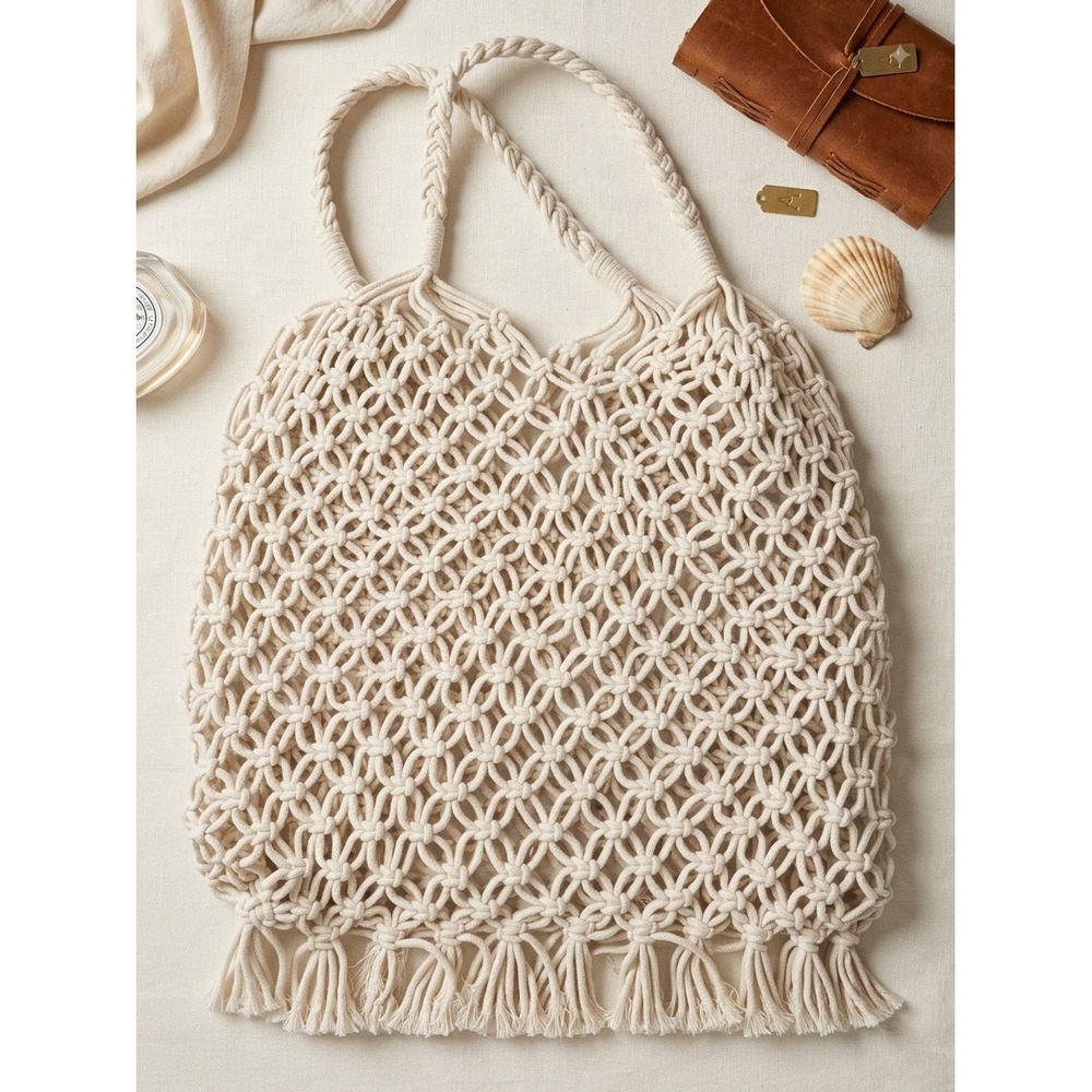 Boho Macrame Tote Bag Cream Cotton Rope Fringe Shoulder Bag Beach Market Ivory